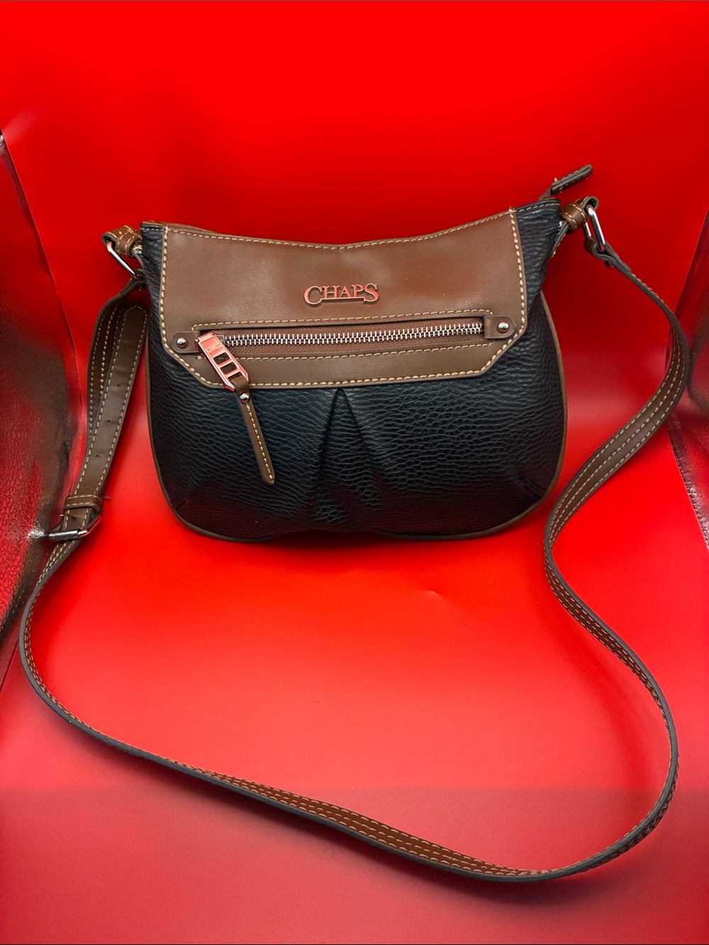 Chaps Black and Brown Pebbled Leather Crossbody Bag